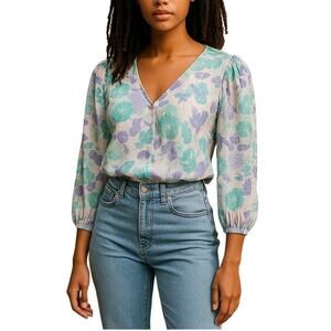 Midnight Sky Faux Wrap Boho Blouse Pastel XL Crinkle Pleat NWT